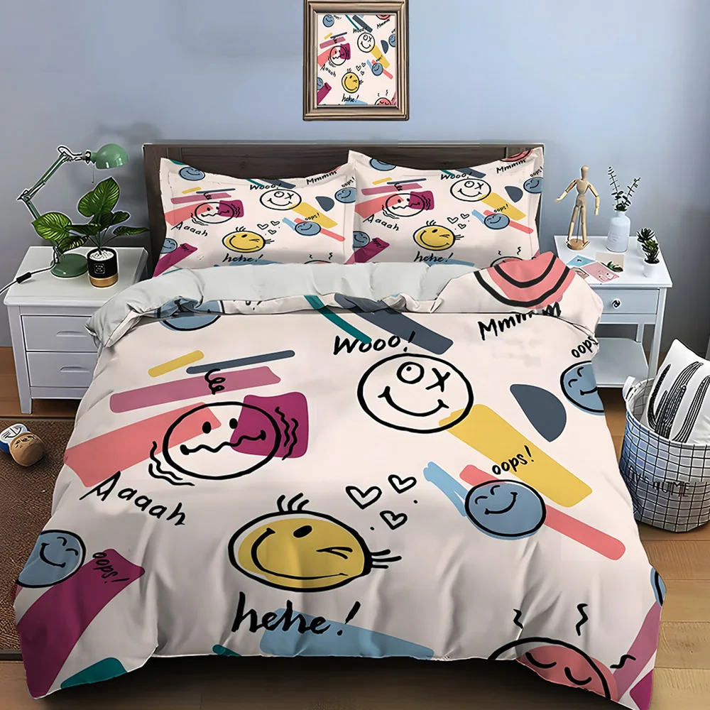 Funny cartoon smiley faces print Bedding Set for Kids Luxury Gift 3pcs Digital Print Comforter Set Soft Comfortable Breathable