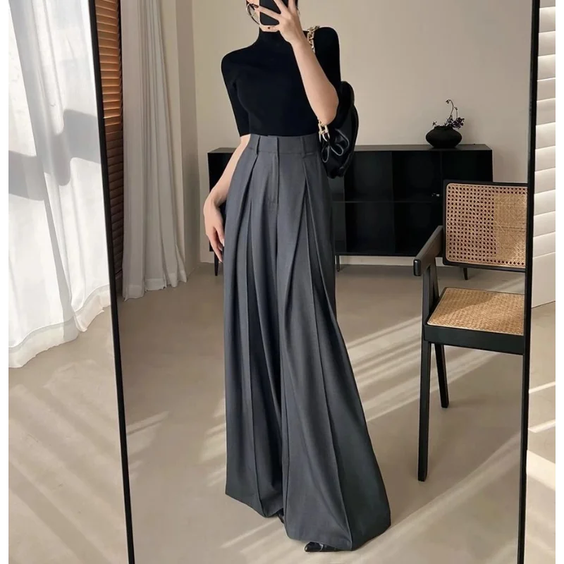 رمادي الراقية دعوى السراويل النساء في الربيع والخريف مستقيم الساق الطابق السراويل فضفاضة تغطي اللحوم عارضة السراويل #1