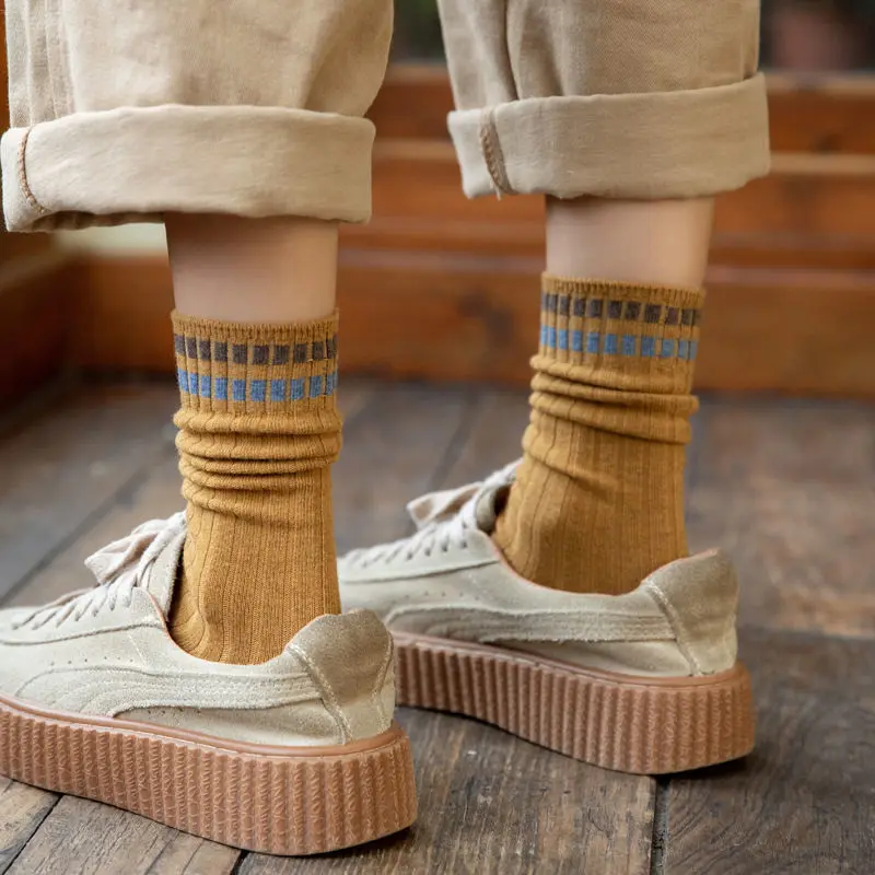 5pair/Lot Women Long Socks School Spring Autumn Knitting Striped Polyester Cotton Middle Tube Loose Sock Breathable Calcetines