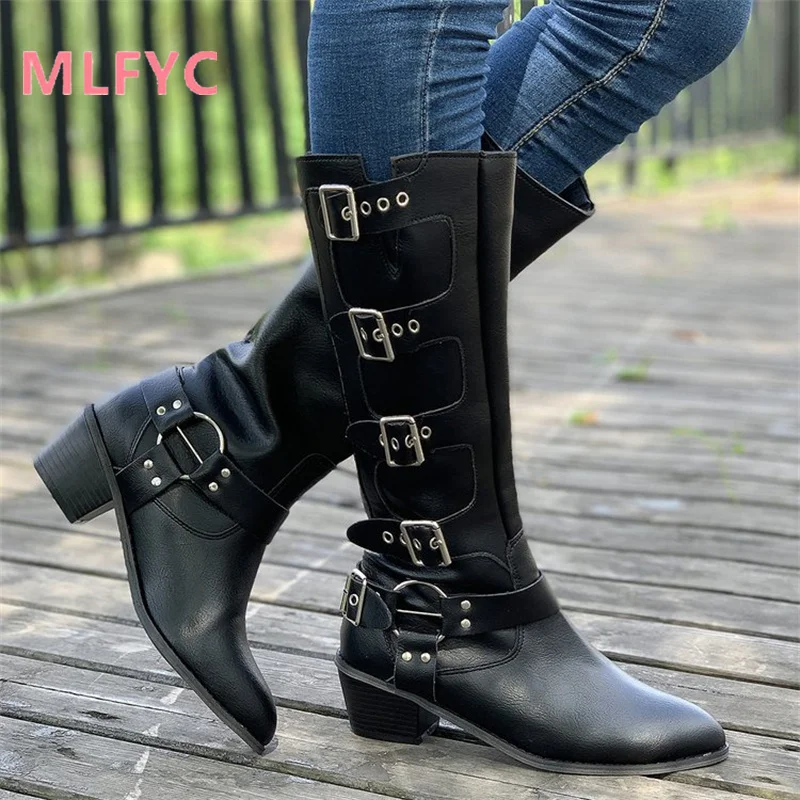 

Long boots women's thick heels high boots retro fashion round toe winter boots warm and minimalist boots chaussure femme