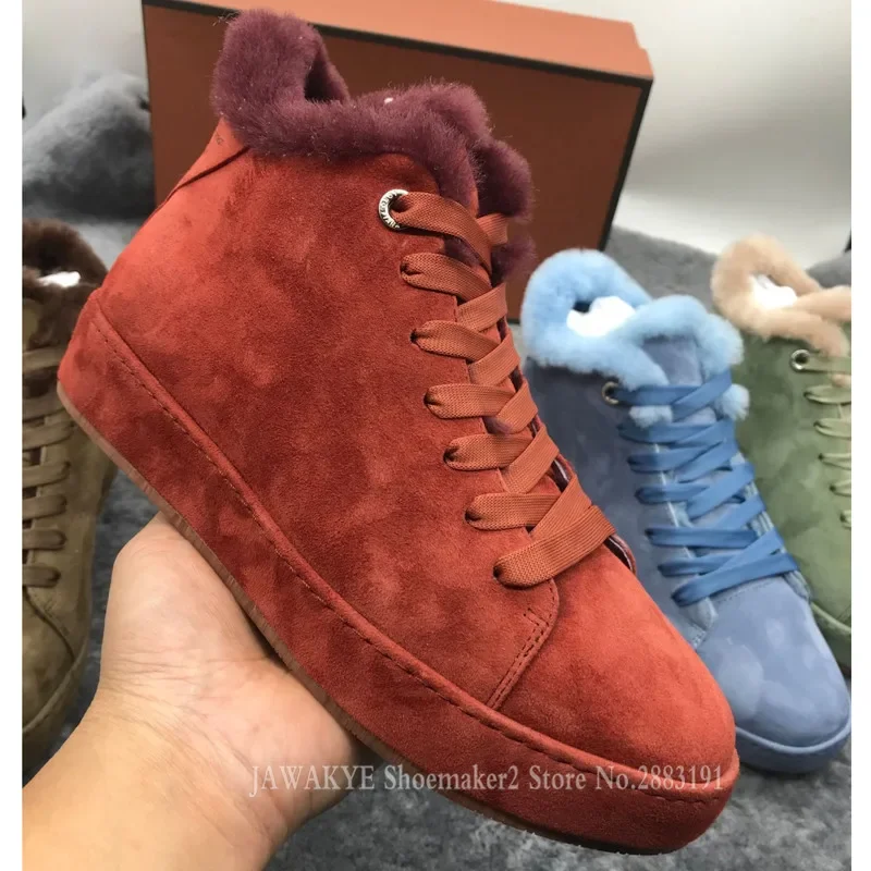 New Winter Wool Sneakers Women Lace Up Heightened Shoes Suede High Top Outdoor Vulcanized Shoes Flat Platform Furry Shoes