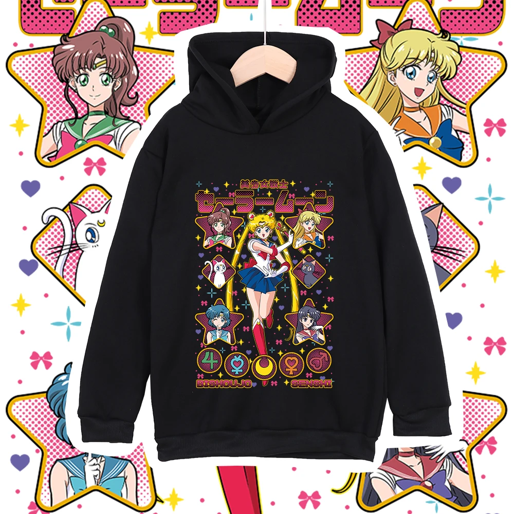 Kinder Anime Baumwoll-T-Shirt Sailor Moon Charaktere Druck Unisex Hoodie Sweatshirt für Jungen Mädchen 100-160cm Körpergröße – Detail 3