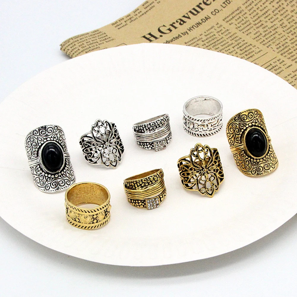 4Pcs/Set Vintage Silvery Golden Hollow Flower Sun Totem Ring Nepalese Tibetan Bohemian Ethnic Black Gem Finger Rings Jewelry