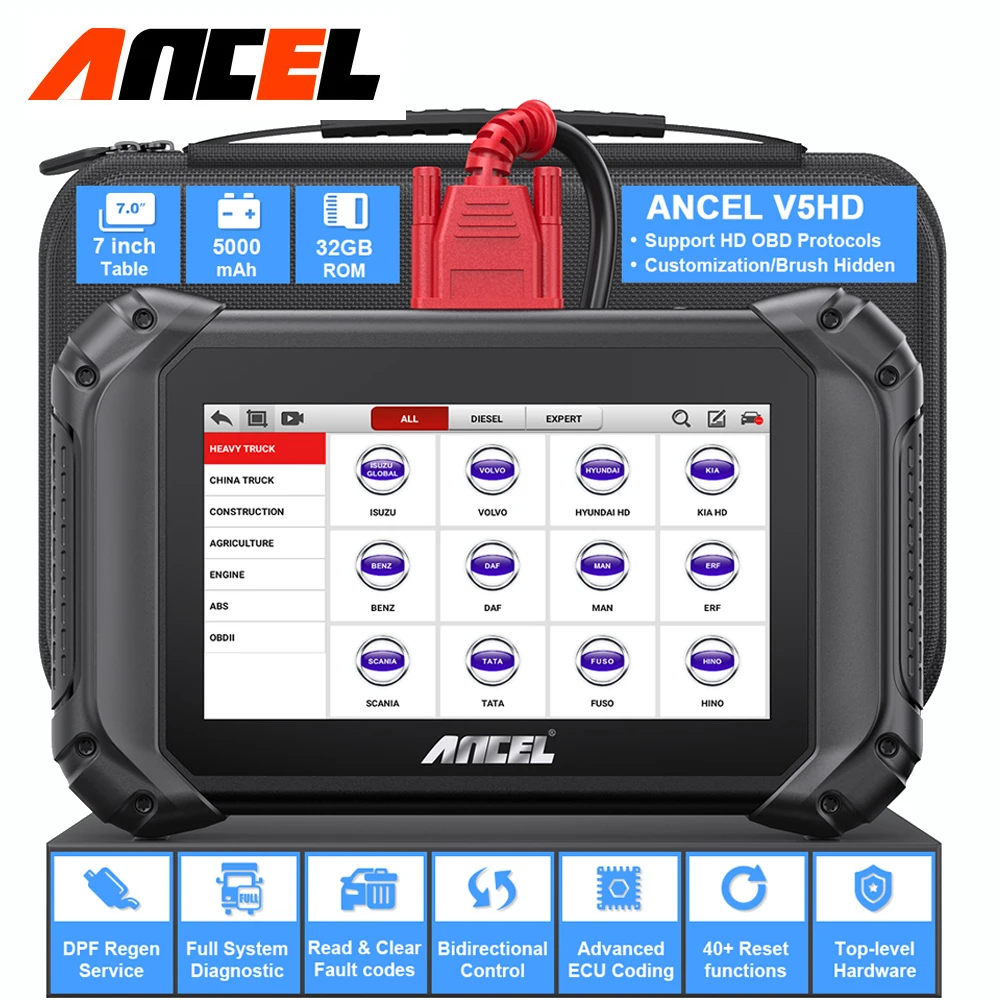 2024 ANCEL V5 HD Heavy Duty Truck Scanner for 24V 12V All system Diagnostic ABS Bleeding Oil Reset D-P-F Regen OBD2 Scanner