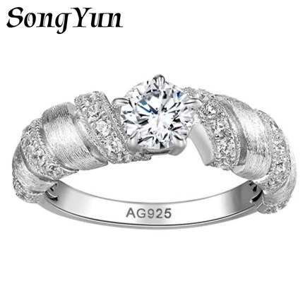 SONGYUN High Carbon Gemstones Jewelry Croissant Brushed Simulated Diamond Ring, 925 Silver Twisted Band, Italian Craft