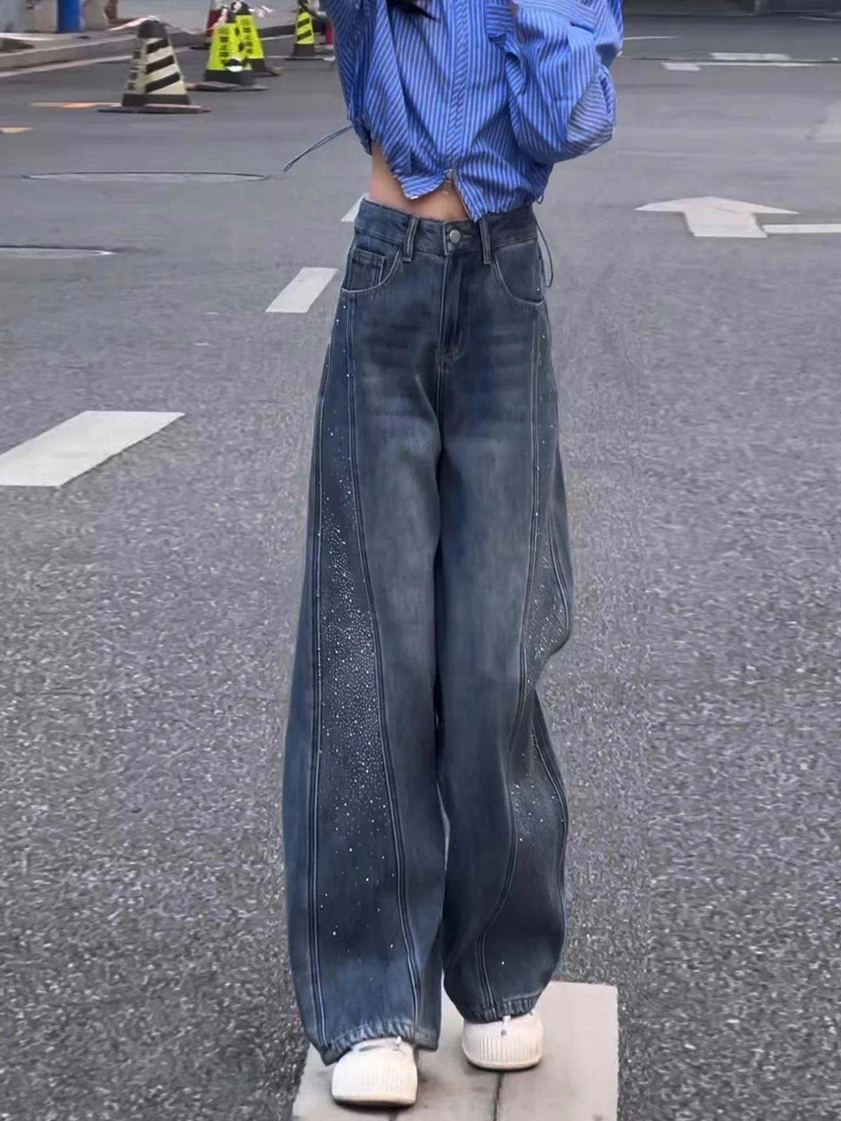 

Blue Vintage Fce Lined Wide Leg Knife Denim Jeans Women's Winter New Sle Rhinestone High Waist Straight Floor Lengt...