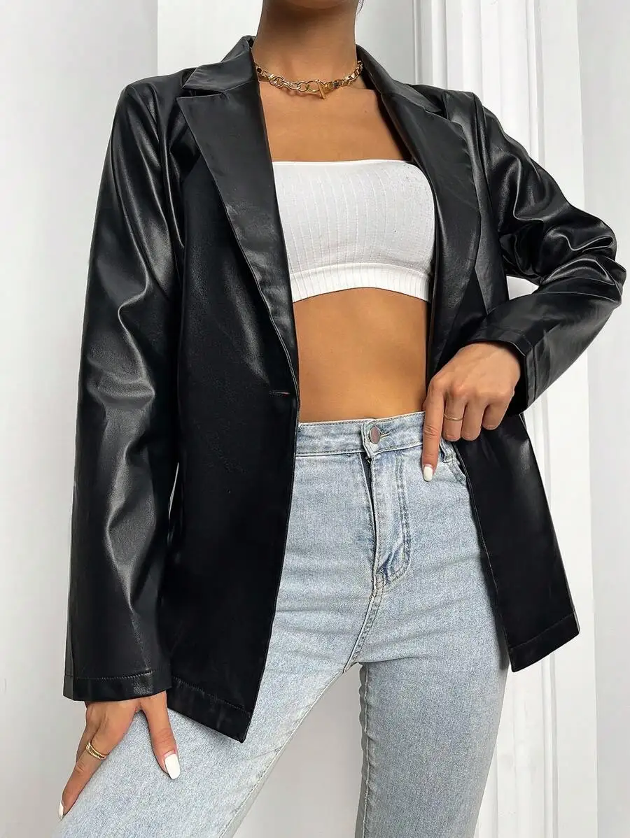 

Women's Black PU Leather Long Sleeve Blazer Jacket Loose Fit Casual Chic