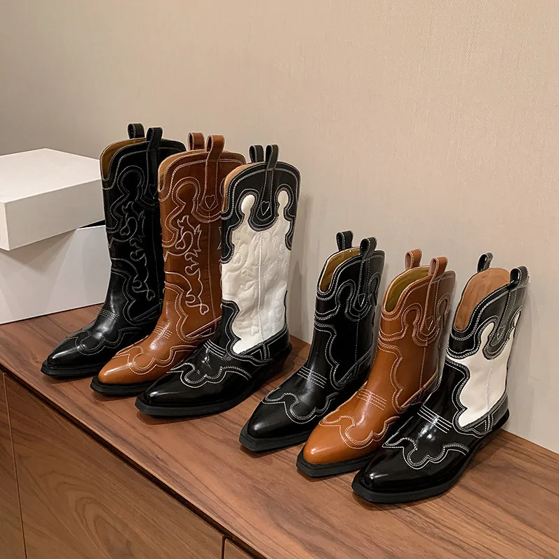 Women Brown Retro Embroidery Western Cowboy Boots Pointed Toe Chunky Heel Mid Calf Pull On Genuine Leather Four Seasons Boots