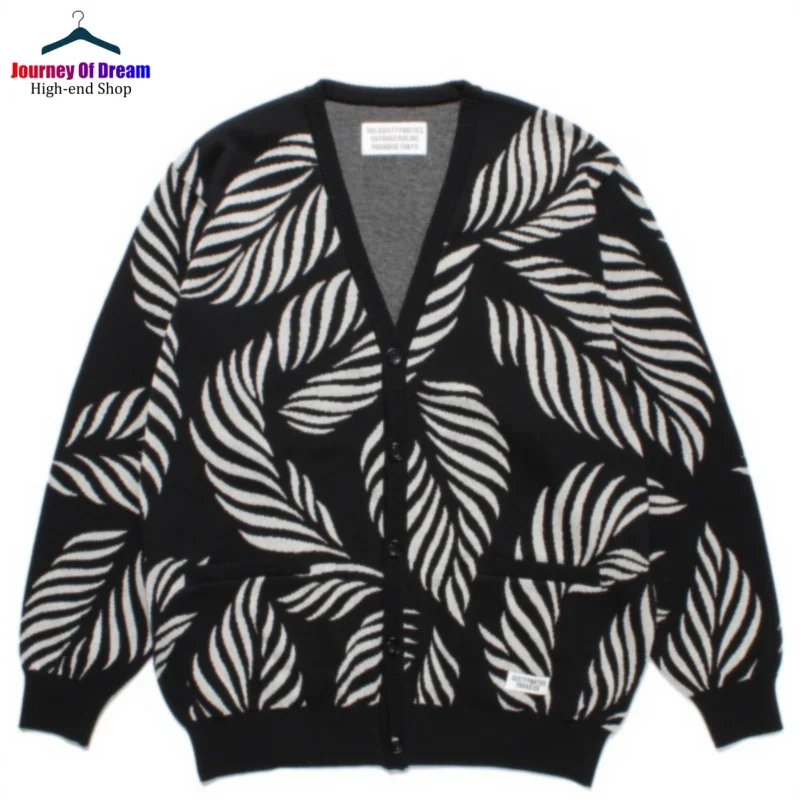 Autumn Winter High Quality Leaves Full Print Cotton V-Neck Knitted Cardigan Vintage Men Women High-end Sweater