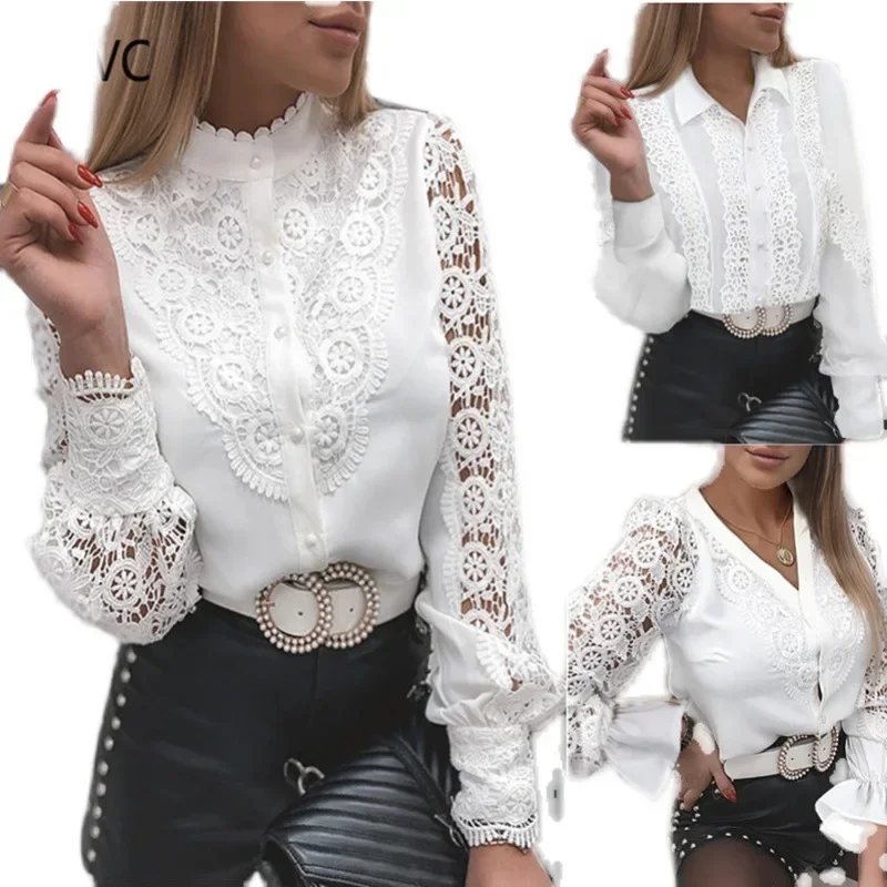 Women Autumn Sexy White Lace Patchwork Shirt Blouse Long Sleeve O-Neck Mesh Tops 2024 Spring Elegant Hollow Out Shirts Pink