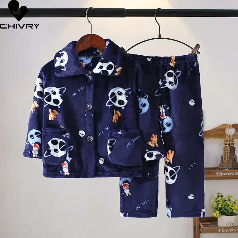 New Kids Boys Girls Autumn Winter Flannel Pajama Sets Cartoon Print Long Sleeve Lapel Tops with Pants Sleeping Clothing Sets