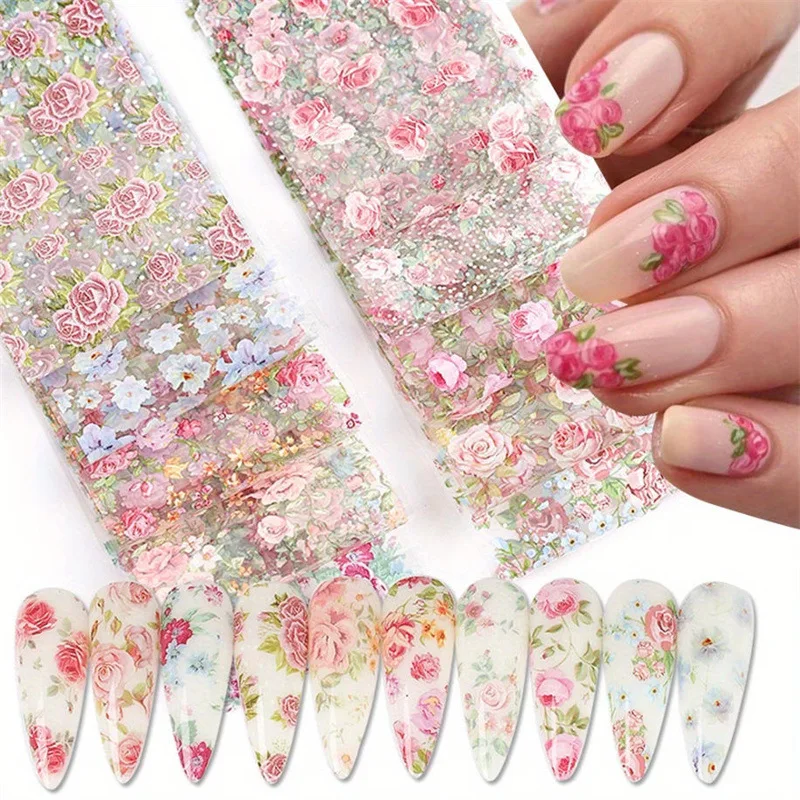 10-Piece Mixed Color Nail Transfer Sticker Set, Rose Design, Floral Starry Sky Nail Decoration, Wedding Summer Nail Decoration