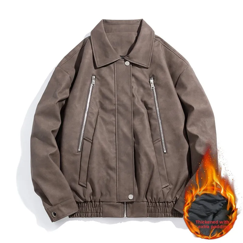

2025 New Men's Faux Leather Jaet Cotton Lined Motorcycle Sle Winter Warm Retro American Cool Windproof Long Sve Zipper