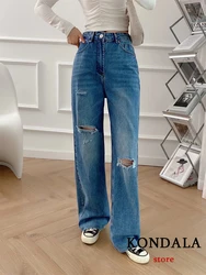 KONDALA 2024 Women Casual Ripped Holes Denim Jeans Fashion High Waist Button Streetwear Long Pants Female Vintage Trousers