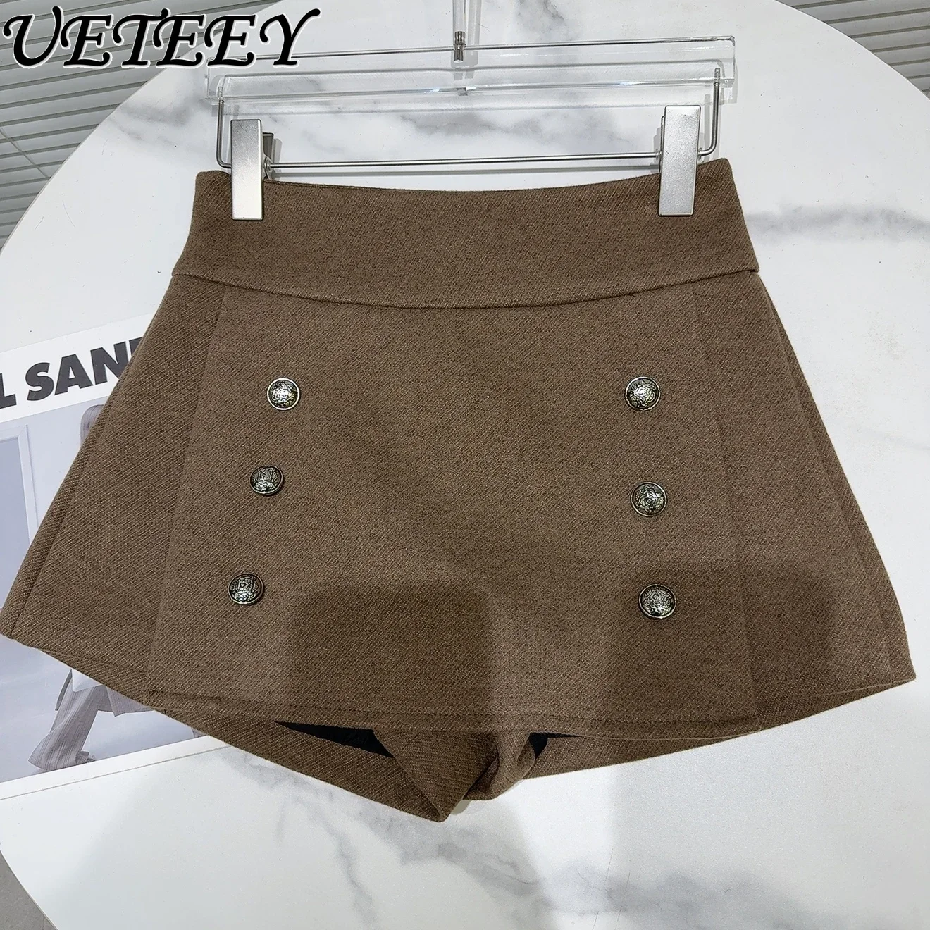 2024 Winter New Retro Double-breasted Metal Buckle Design Woolen Short Skirt Girls High Waist Slim Fit Black A-line Skirt Women