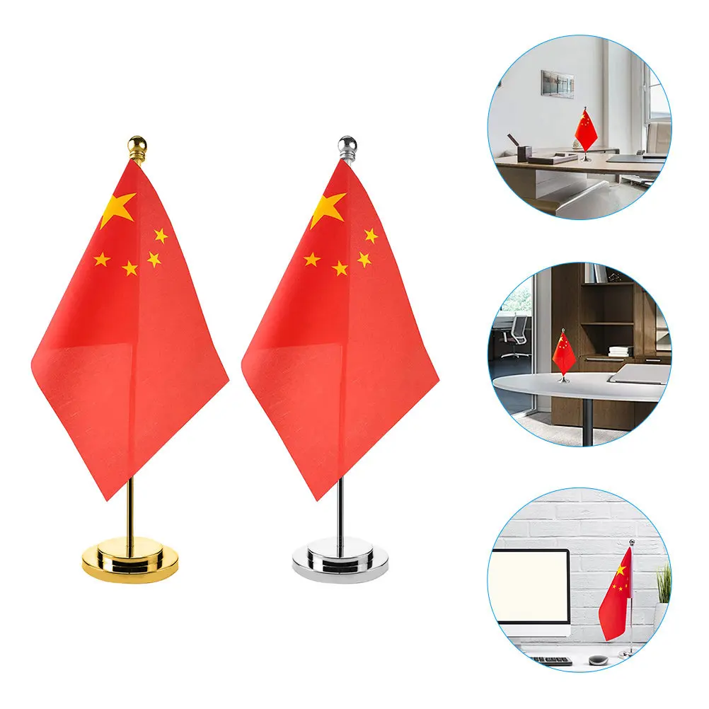 

2Sets China Table Flag Decorative Desktop Flag Metal Base Polyester Long-Lasting Multi-Functional Home Office Garden