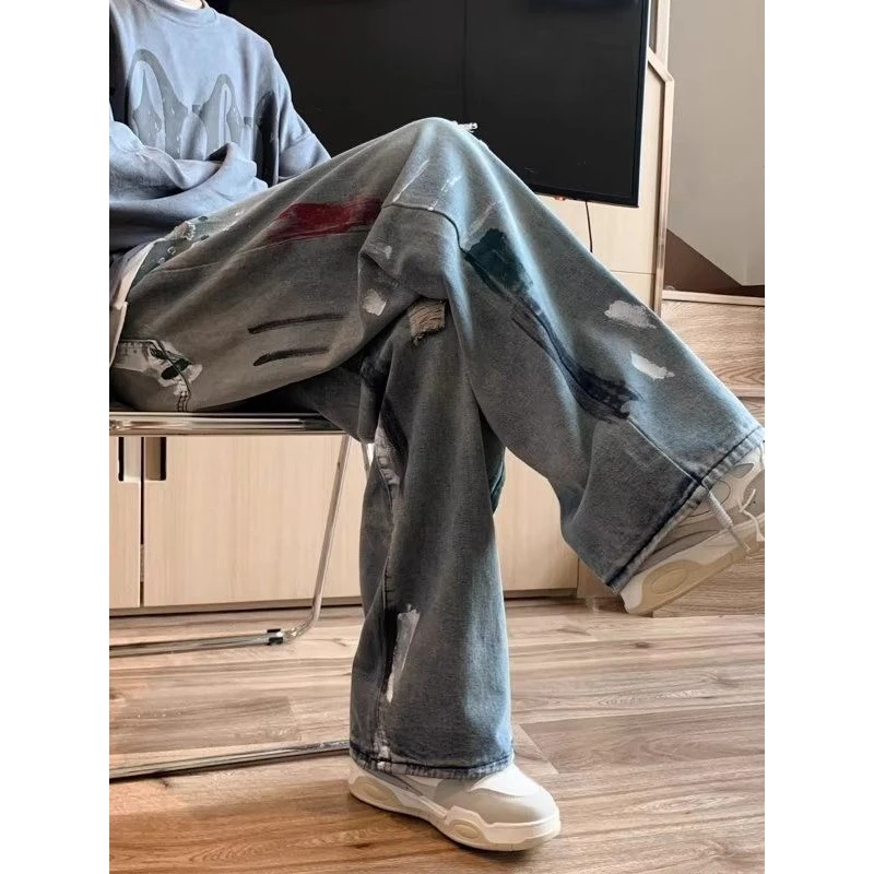

Men's Casual Straight Leg Jeans Large Size 300 Pounds High Street Style Distressed Wide Leg Long Trousers Trendy Polyester Fiber