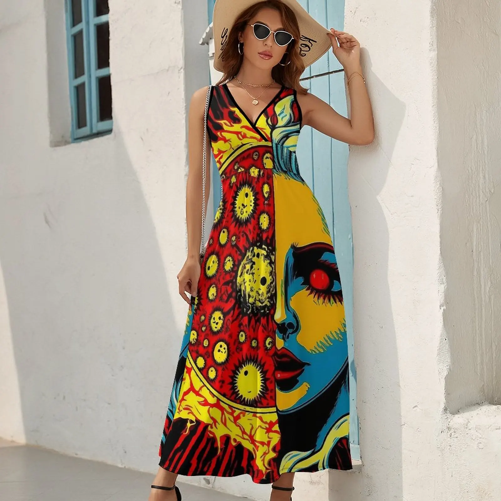 Abstrato lua encontra sol vestido mulher vintage maxi vestido com decote em v cintura alta estética gráfico boho praia vestidos longos