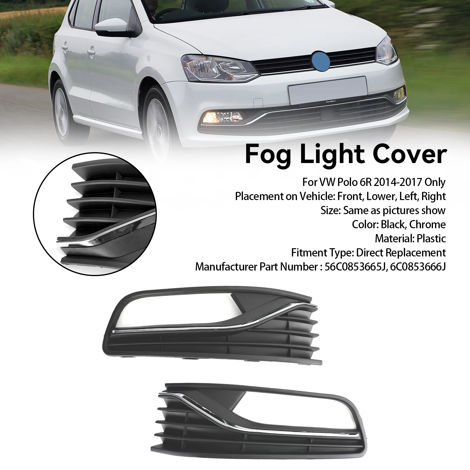 Topteng Paar Frontstoßstangen-Nebelscheinwerfer-Abdeckungsgrill, passend für VW Polo 6R 2014–2017