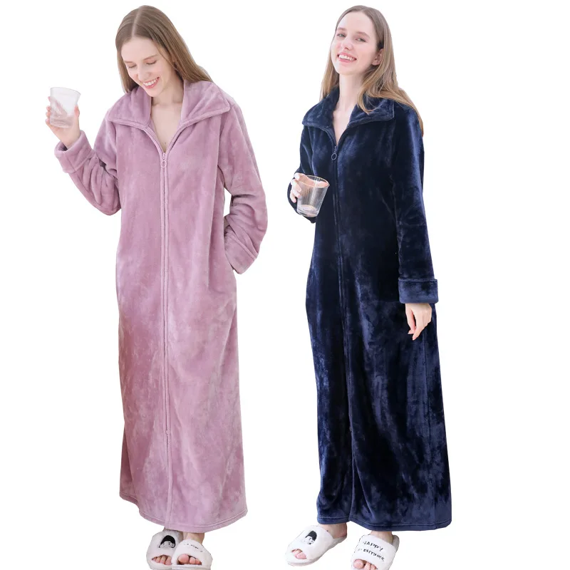 Autumn Winter Zipper Shellfish Velvet Bathrobe Plus Size Nightgown Men Women Thick Sleepwear Warm Flannel Extra Long Bath Robe