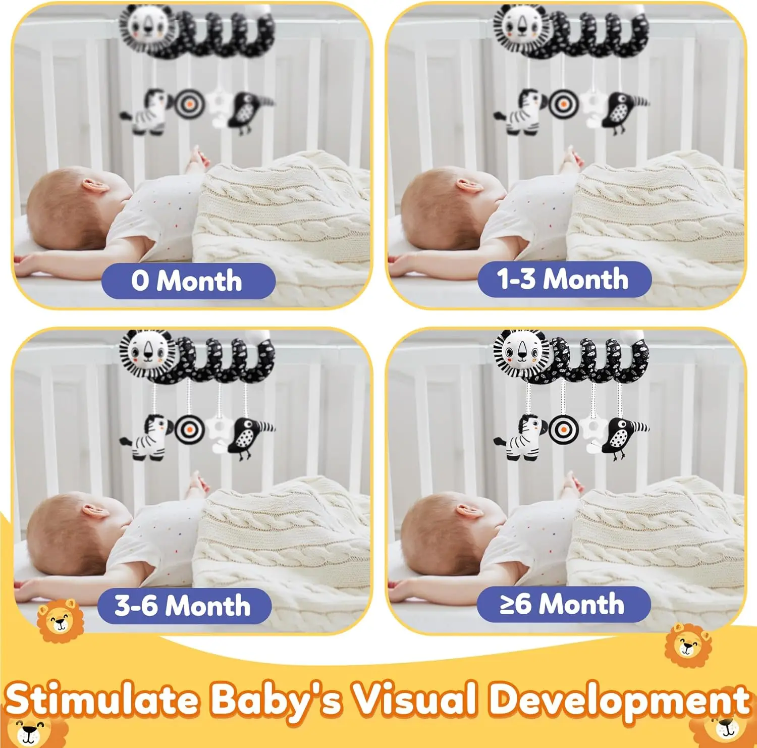 Giocattolo per seggiolino auto per bambini Giocattolo per passeggino per attività sospese a spirale con sonaglio bianco e nero per neonati, ragazzi e ragazze - Leone