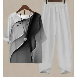New Vintage Two Piece Set Line Printing Casual Women Round Neck Short Sleeve Shirt Sets High Waist Loose Comfort Pants Suit Fall