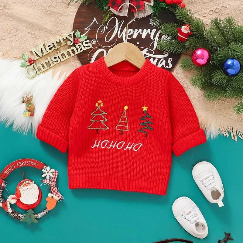 

Christmas Toddler Sweater 0-4T Baby Knitted Top with Tree Embroidery Festive Holiday Outfit Autumn Winter Kids Clothes