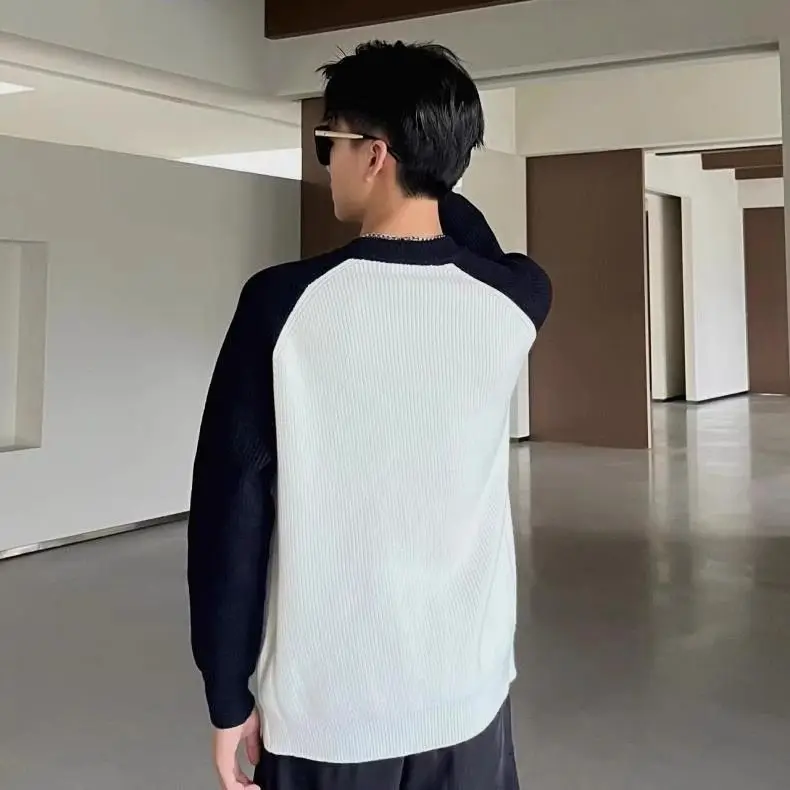 Ragshoulder Sleeve Sweater Men's Contrasting Color Splicing Base Shirt Long Sleeve Loose Round Neck Sweater Couple Outfit JJ862