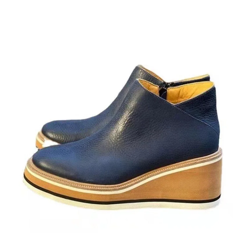2025 Neue Damenstiefel Designer Keilabsatz Plateau-Stiefel Modische Reißverschluss-Knöchelstiefel für Damen PU-Leder Freizeitstiefel Botas De Mujer – Detail 11