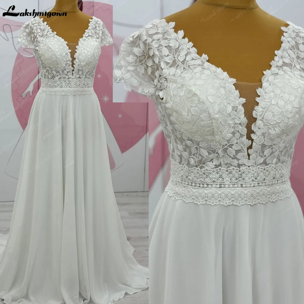 Lakshmigown Chiffon A-Line Wedding Dress Plus Size Double V-Neck Lace Robe De Mariée Bride Gowns Short Sleeves Customized