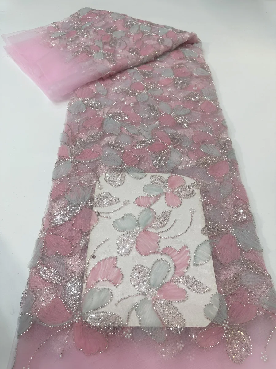

New Design Pink Double Color Sequins Beaded African Lace Fabric 2025 High Quality Handmade Bead French Tulle Lace Fabric KYX2510