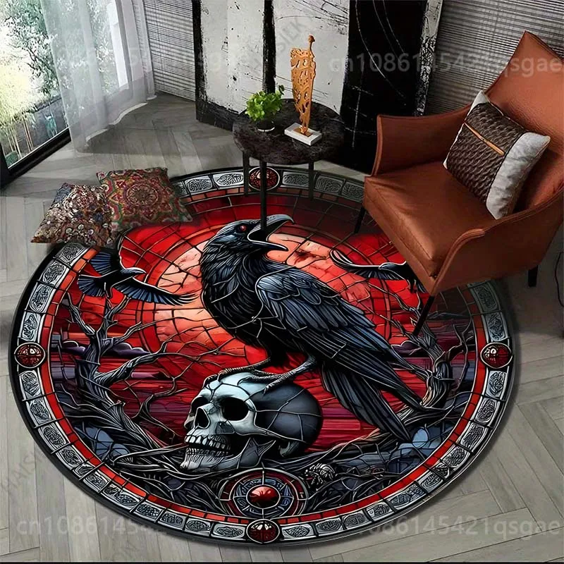 Multiple sizes Raven skull themed stained glass Print Round Carpet for Living Room Bedroom Sofa Floor Mat Area Rug Luxury Gift