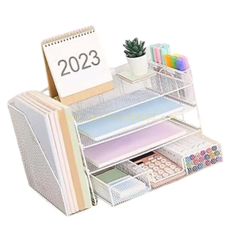 62KA Organizadores archivos con bandeja letras 4 niveles con cajón y vasos para bolígrafos para suministros oficina, ahorro espacio para archivos, documentos, escritorio oficina
