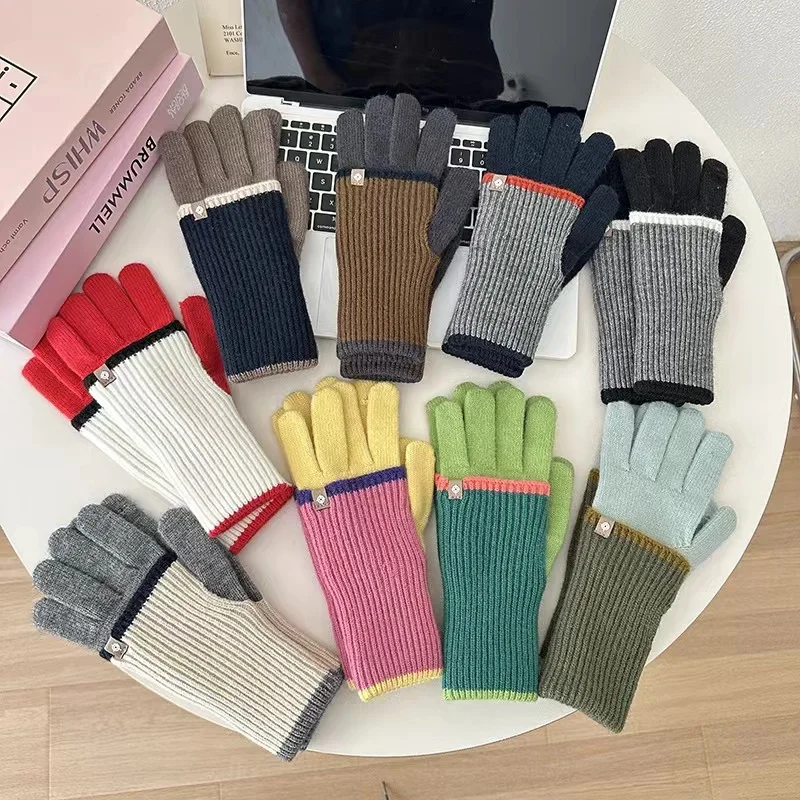 Winter Full Finger Color Block Gloves Outdoor Touch Screen Unisex Matching Knit Gloves Korean Style Long Warm Student Mittenss