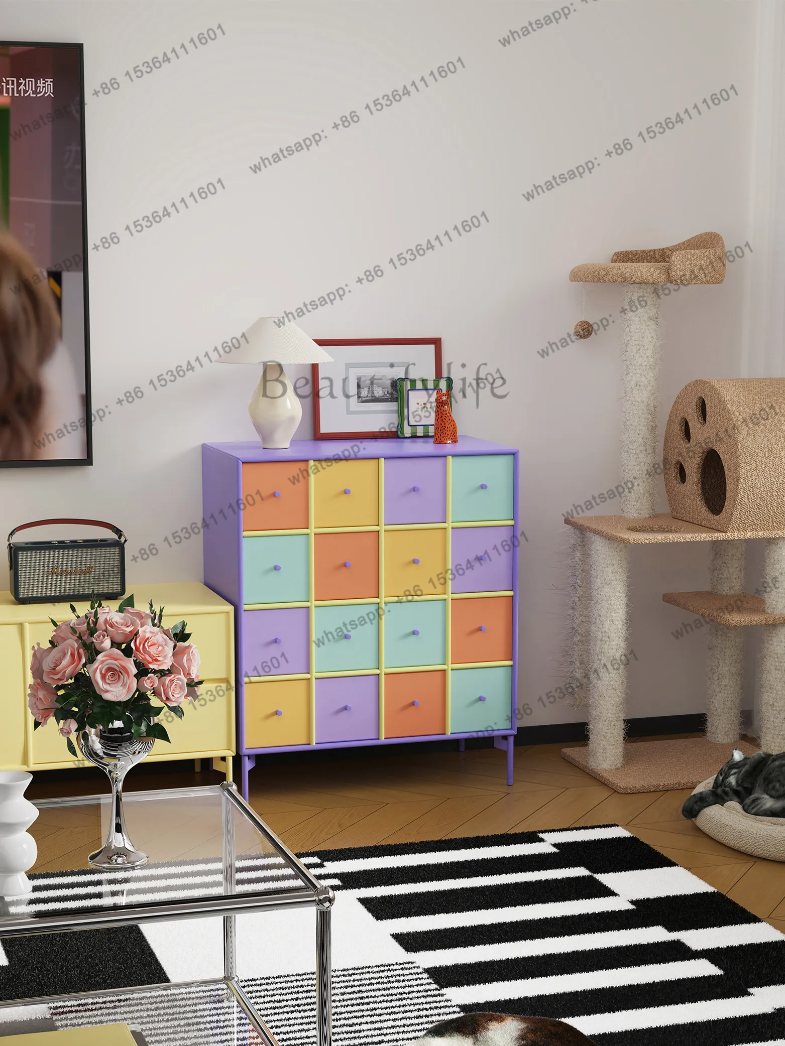 Nordic style storage cabinet dopamine color chest multi-functional storage