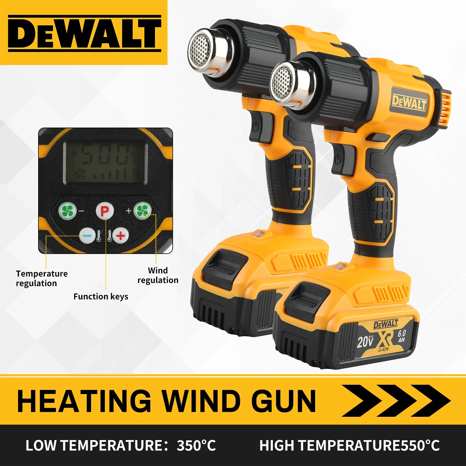 

Термофен DEWALT 18В/21В для термоусадочной пленки, электрический воздуходув для пайки с защитой от ожогов и цифровым дисплеем