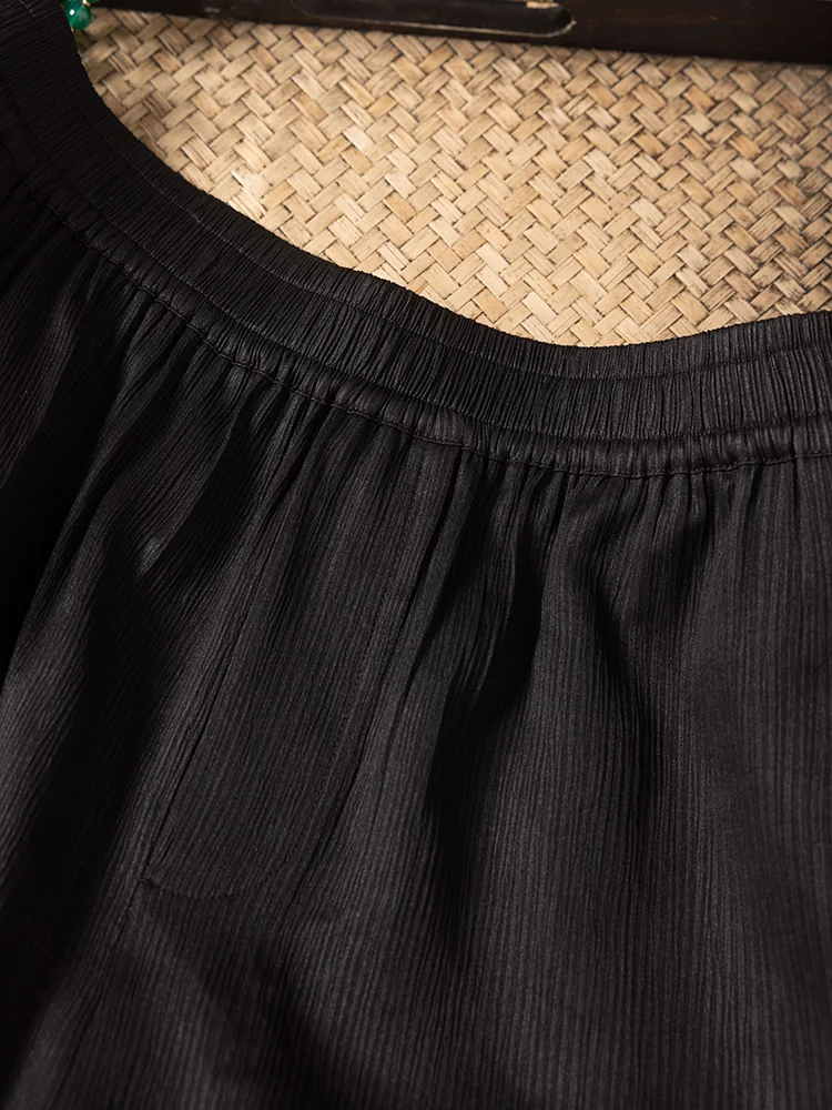 Black Vertical Pattern New Chinese Style Elastic Waist 100% Natural Mulberry Silk Gambiered Guangdong Gauze Women's Casual Pants