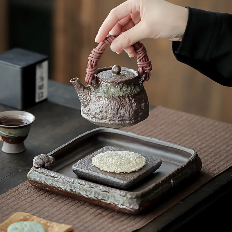 Handmade Teapot Japanese Tea Tray Household Kung Fu Tea Set Retro Ceramic Coarse Pottery Tray