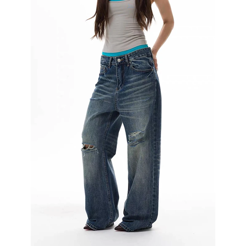 YIBASHU Women Baggy Jean Ripped Denim Pants American Retro Y2k Washed Designer Wide Fit Cowboy Japanese Harajuku Long Trousers