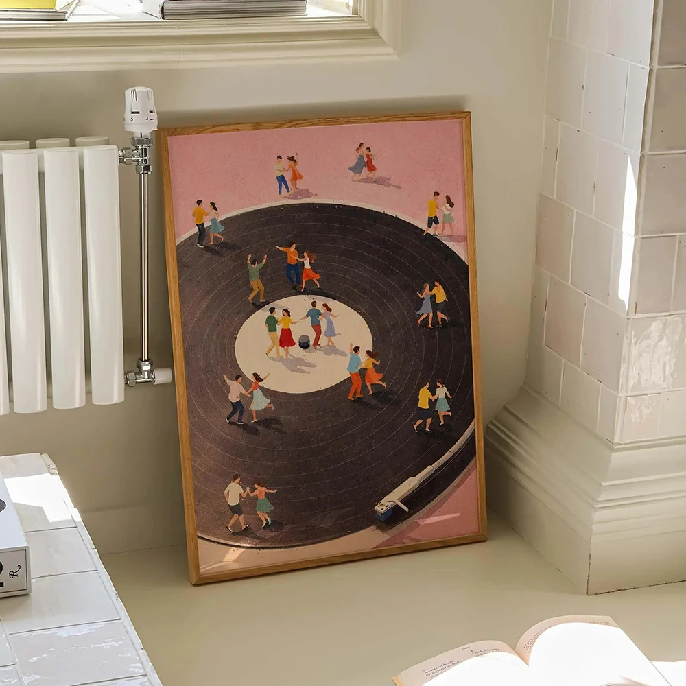 Vinyl Record Player Art Print Dancing People Poster Retro Music Wall Art Dance Floor Illustration Music Lover Decor Unframed