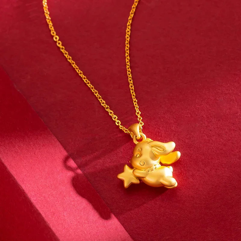 9999 oro real 24K oro amarillo lindo collar de conejo estrella Luna conejo cadena de clavícula