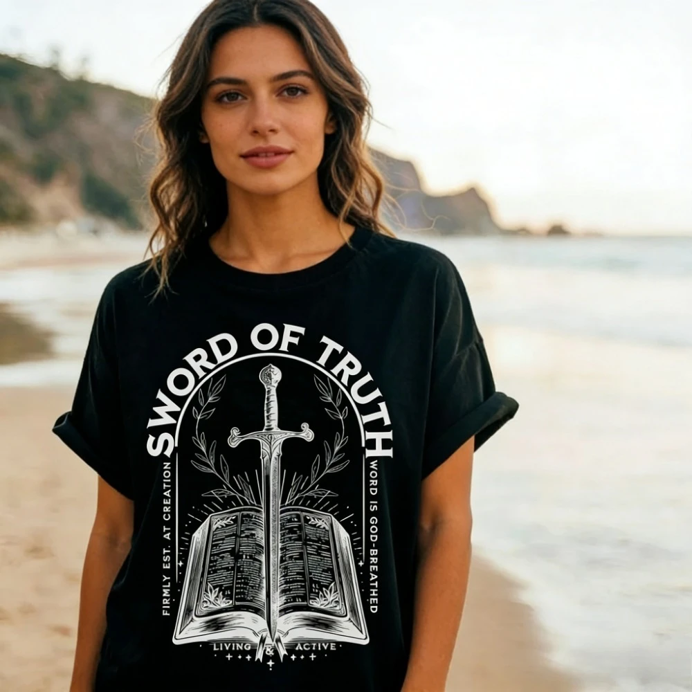 T-shirt religieux bohème avec verset biblique « Épée de la Vérité Roi Jésus », croix positive, foi chrétienne