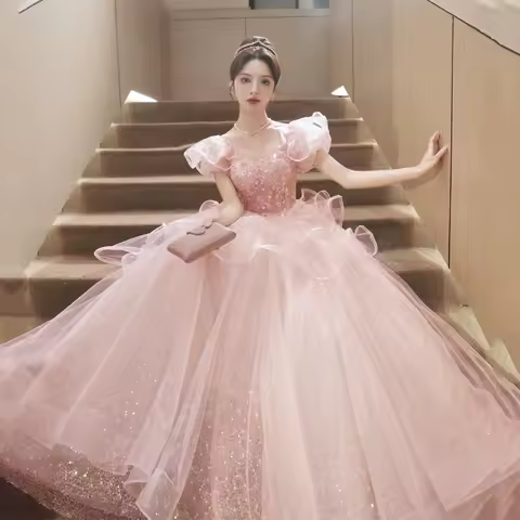 Fashionable and Elegant Evening Dress 2026 New Pink Banquet Host Adult Ceremony Dress Art Exam Super Fairy Princess Dress Autumn