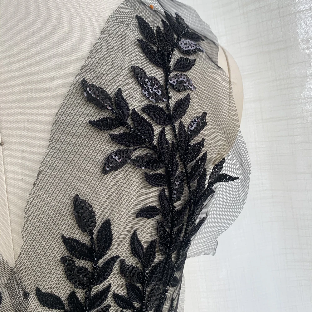 46 * 12,5CM Hochwertige Perlen-Pailletten-Blätter Bestickte Spitze Große Spiegelblumen-Applikation Patch DIY Hochzeitsaccessoires zum Nähen – Detail 4