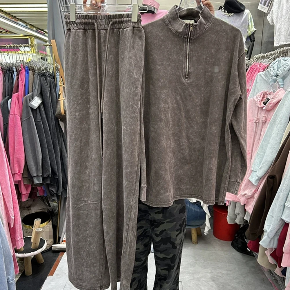 

Свободный модный свитер с длинными рукавами в американском стиле ретро + широкие брюки с эластичной резинкой на талии, комплект из двух предметов-GZTZ048