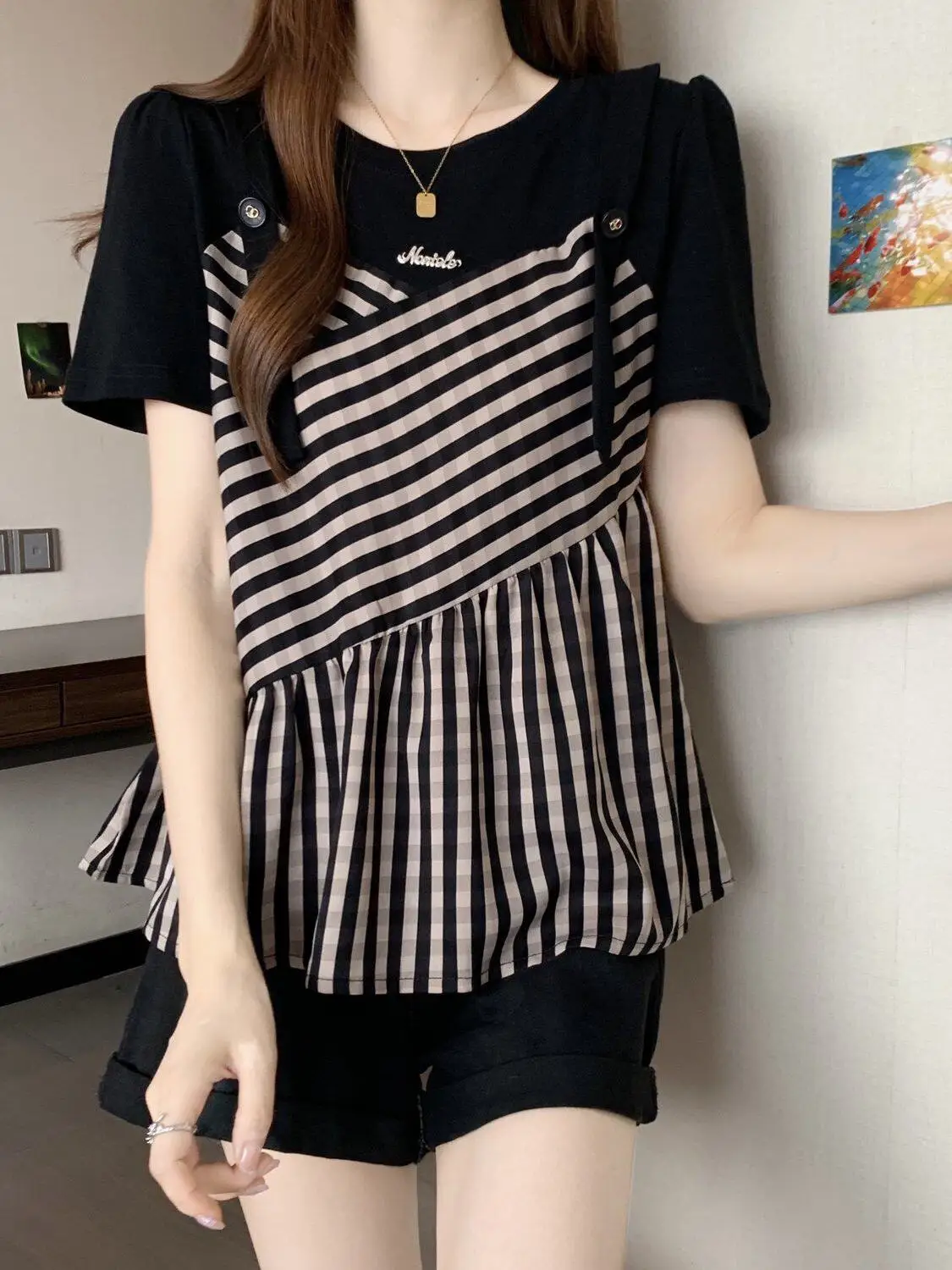 Elegant Pure Cotton Striped Short Sleeve T-Shirt Women Summer plus Size Belly Covering Slimming Top Korean Style Casual Wear