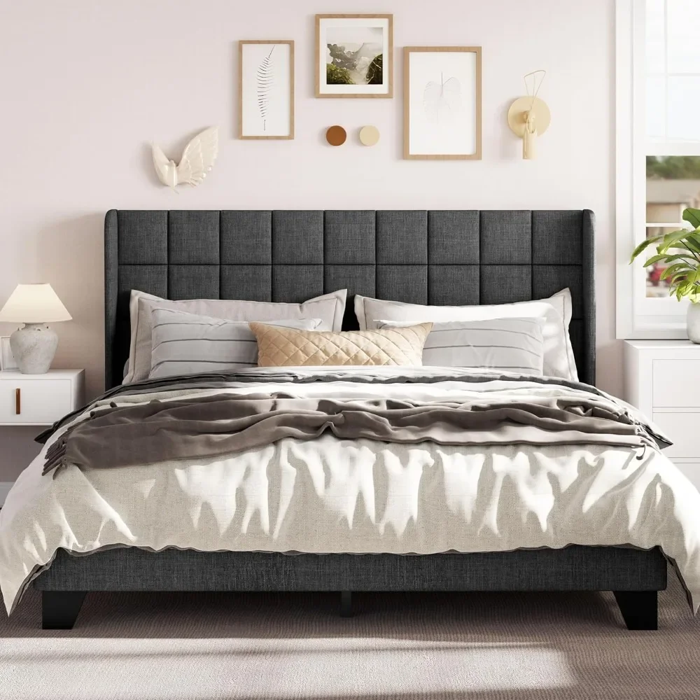 

King Size Bed Frame with Wingback，Upholstered Square Stitched Headboard & Wooden Slats，Box Spring Optional，Bed Frame