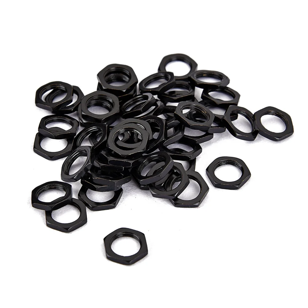 

50Pcs Guitar Bass Socket Jack Fine Tooth Thin Zinc Alloy Nuts 8Mm Black Replacement Zinc Nuts for Instruments Fine Nut