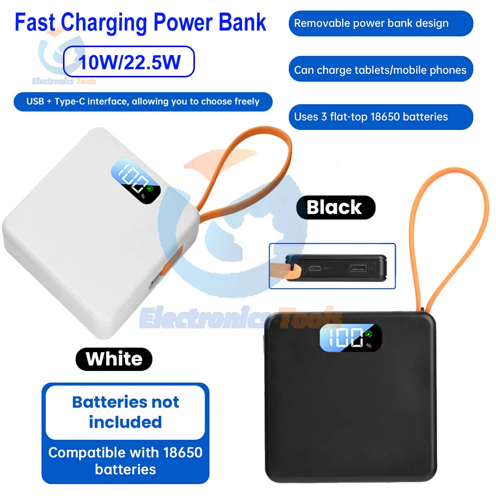 

DIY Power Bank Kit Removable Weld-Free 18650 Battery Case 10W 22.5W Fast Charging Portable Power Bank USB Type-C Interface