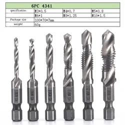 6pcs M3-M10 Screw Tap Drill Bits Hss Taps Countersink Deburr Set Metric Combination Bit High Speed Steel 1/4 IN Quick Change Hex
